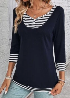 Navy Fake 2in1 Striped T Shirt 10 Navy Fake 2in1 Striped T Shirt -Modlily Shop 333952 P 16879426556162