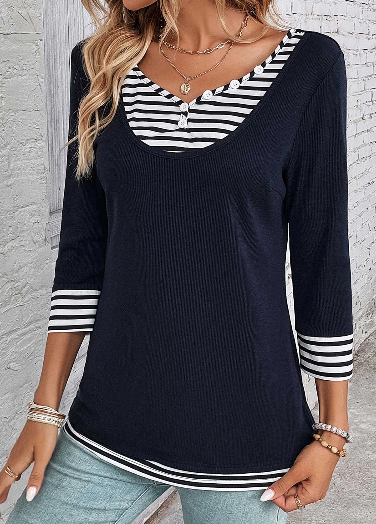 Navy Fake 2in1 Striped T Shirt 5 Navy Fake 2in1 Striped T Shirt - Image 3