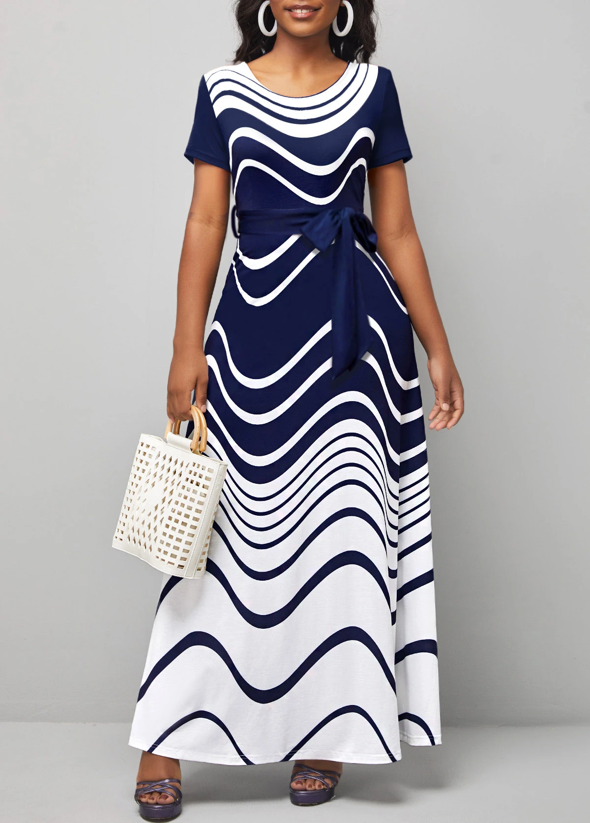 Navy Tie Geometric Print Belted Maxi Dress 3 Navy Tie Geometric Print Belted Maxi Dress
