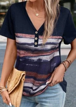 Navy Button Striped Short Sleeve T Shirt -Modlily Shop 334043 P 1683886548554