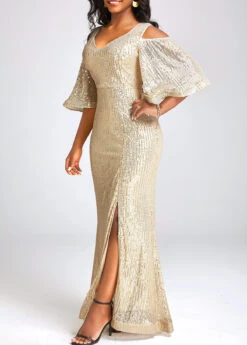 Golden Sequin Half Sleeve Maxi Dress -Modlily Shop 334049 P 16859657451932