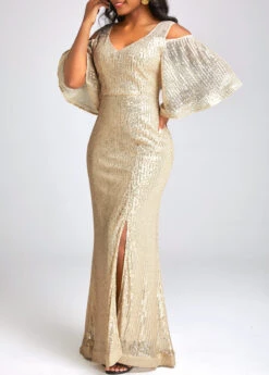 Golden Sequin Half Sleeve Maxi Dress -Modlily Shop 334049 P 16859657456343