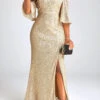 Golden Sequin Half Sleeve Maxi Dress -Modlily Shop 334049 P 16859657456760