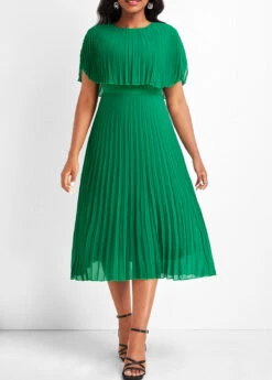 Green Pleated Short Sleeve Round Neck Dress -Modlily Shop 334093 P 16868344850572
