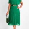 Green Pleated Short Sleeve Round Neck Dress