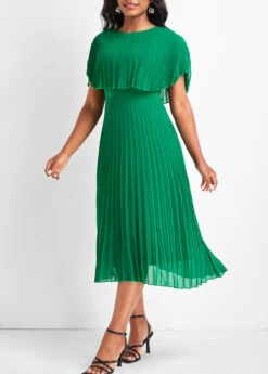Green Pleated Short Sleeve Round Neck Dress -Modlily Shop 334093 P 16868344858183