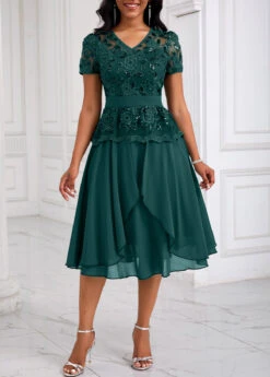 Blackish Green Lace Patchwork Short Sleeve Dress -Modlily Shop 334135 P 16901992142204