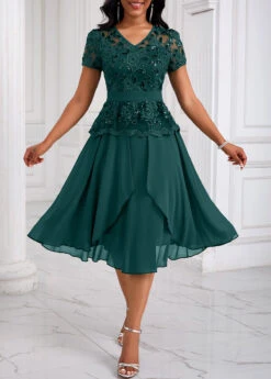 Blackish Green Lace Patchwork Short Sleeve Dress -Modlily Shop 334135 P 16901992146940