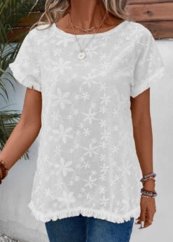 White Embroidery Short Sleeve Boat Neck T Shirt -Modlily Shop 334181 P 16856093931804
