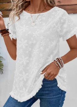 White Embroidery Short Sleeve Boat Neck T Shirt -Modlily Shop 334181 P 16856093932562