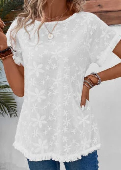 White Embroidery Short Sleeve Boat Neck T Shirt -Modlily Shop 334181 P 16856093935293