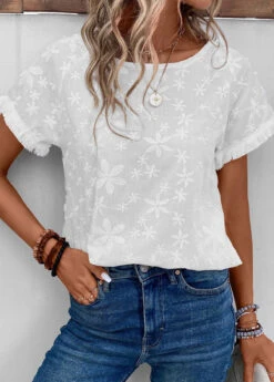 White Embroidery Short Sleeve Boat Neck T Shirt -Modlily Shop 334181 P 16856093936345