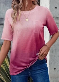 Pink Pocket Ombre Short Sleeve T Shirt -Modlily Shop 334186 P 16856944410455