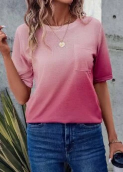 Pink Pocket Ombre Short Sleeve T Shirt -Modlily Shop 334186 P 16856944414073