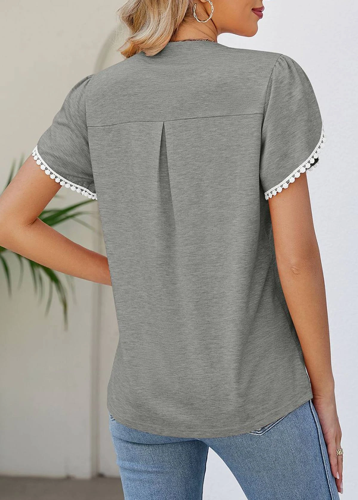 Grey Patchwork Short Sleeve Split Neck T Shirt 4 Grey Patchwork Short Sleeve Split Neck T Shirt - Image 2