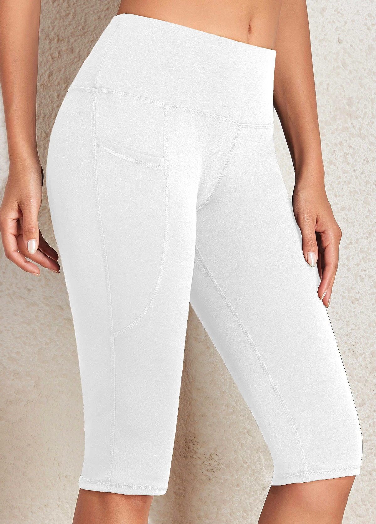 White Mid Waisted Knee Length Elastic Waist Leggings 5 White Mid Waisted Knee Length Elastic Waist Leggings - Image 3