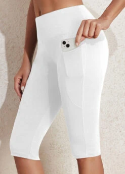 White Mid Waisted Knee Length Elastic Waist Leggings