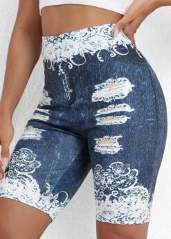 Denim Blue Floral Print High Waisted Short Leggings -Modlily Shop 334197 P 16881205286964