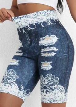 Denim Blue Floral Print High Waisted Short Leggings