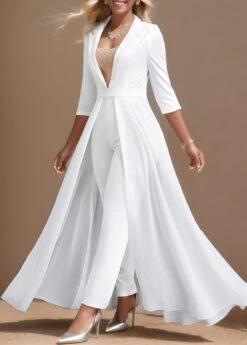 White Sequin Ankle Length Lapel Regular Jumpsuit