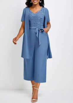 Dusty Blue Bowknot Capri Short Sleeve Jumpsuit