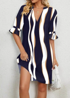 Navy Split Striped Shift Dress