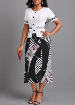 White Contrast Binding Geometric Print Bodycon Dress -Modlily Shop 334274 P 16884665082833