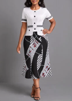 White Contrast Binding Geometric Print Bodycon Dress -Modlily Shop 334274 P 16884665086554