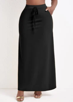 Black Pocket A Line Drawastring Maxi Skirt