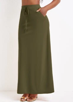 Olive Green Pocket A Line Drawastring Maxi Skirt -Modlily Shop 334290 P 16851002574162