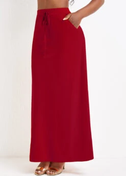 Wine Red Pocket A Line Drawastring Maxi Skirt -Modlily Shop 334292 P 16851002461642