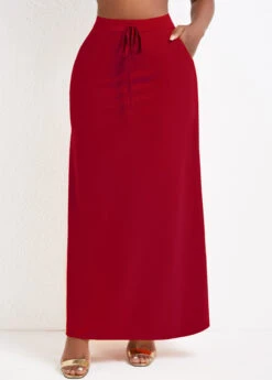 Wine Red Pocket A Line Drawastring Maxi Skirt