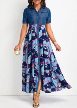 Denim Blue Button Chain Print Maxi Dress