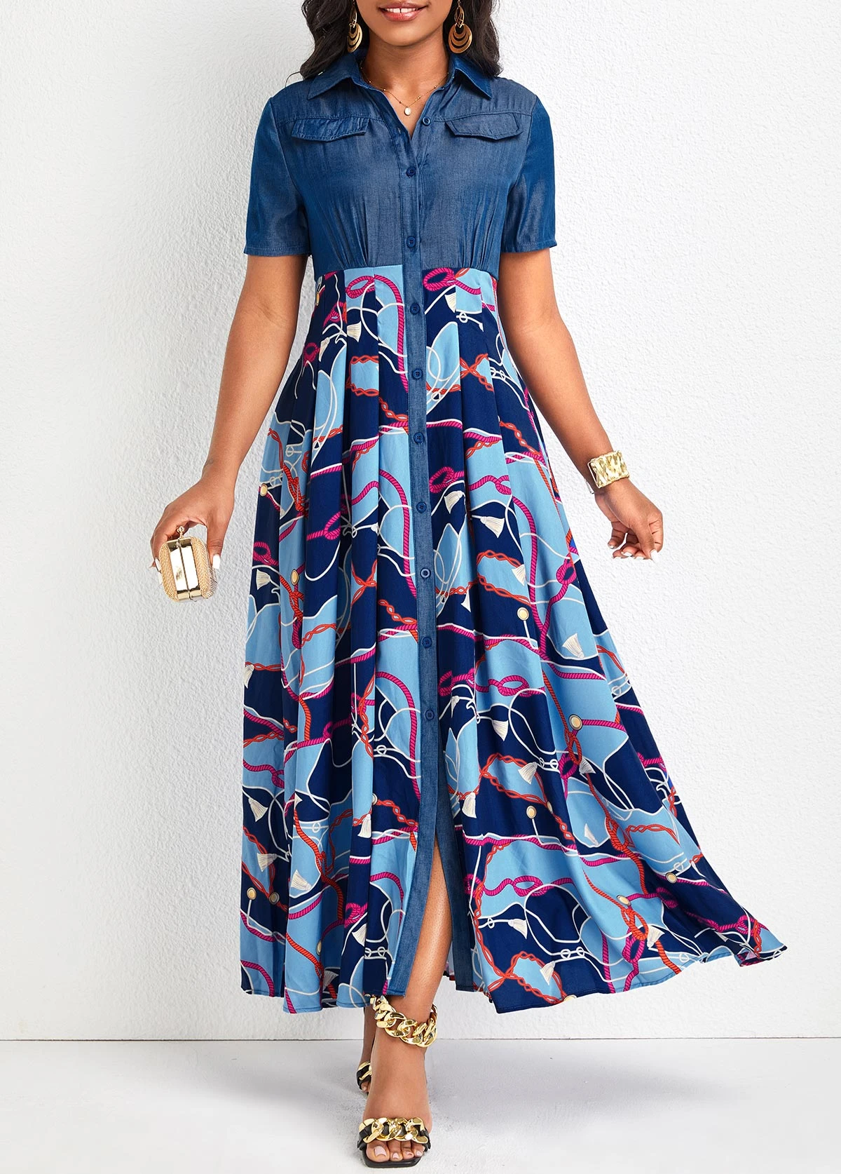 Denim Blue Button Chain Print Maxi Dress 3 Denim Blue Button Chain Print Maxi Dress