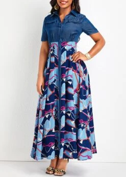 Denim Blue Button Chain Print Maxi Dress 11 Denim Blue Button Chain Print Maxi Dress -Modlily Shop 334354 P 16855012980843