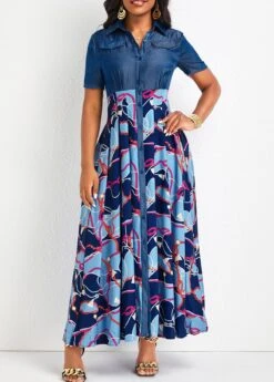 Denim Blue Button Chain Print Maxi Dress 10 Denim Blue Button Chain Print Maxi Dress -Modlily Shop 334354 P 16855012986562