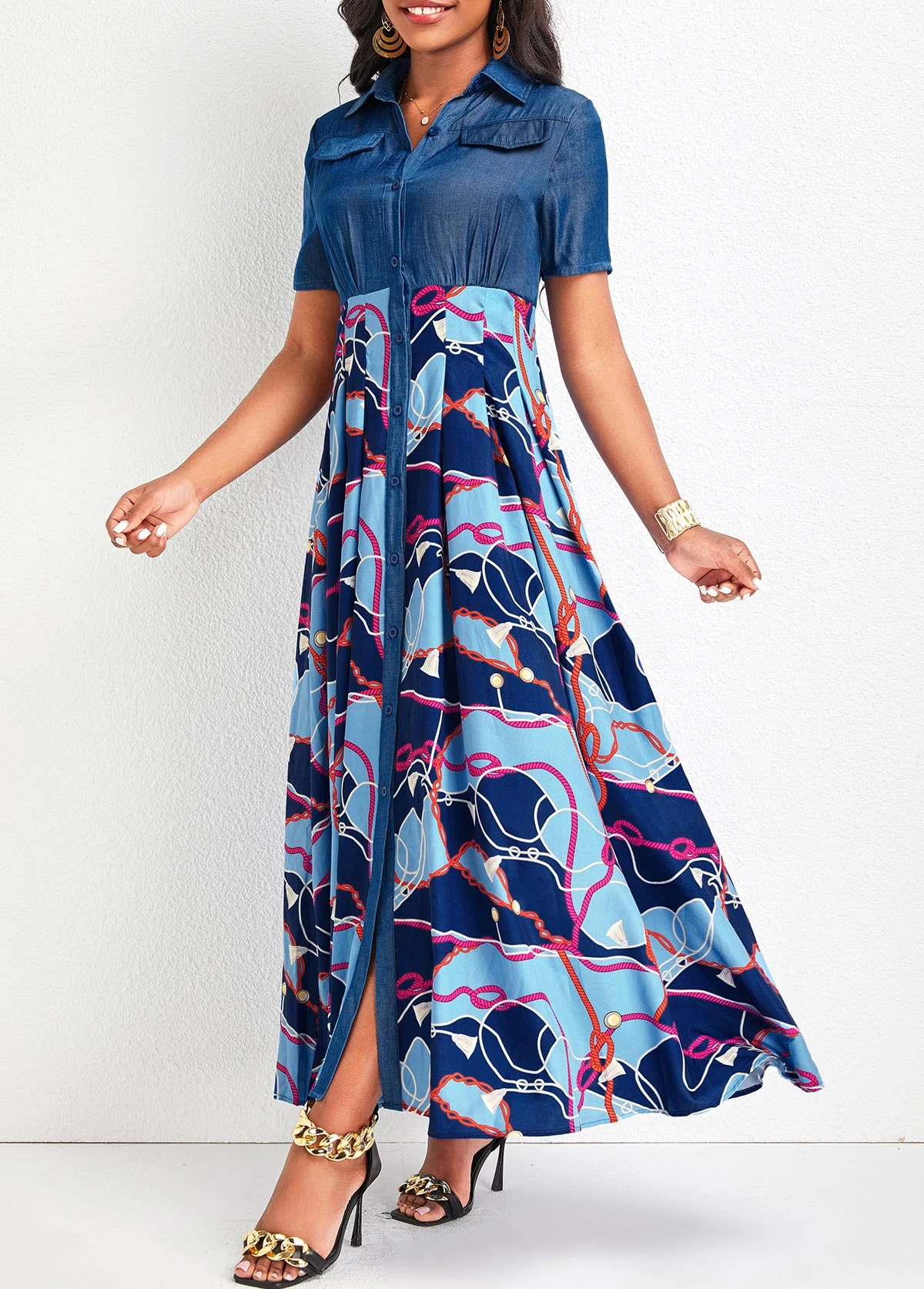 Denim Blue Button Chain Print Maxi Dress 7 Denim Blue Button Chain Print Maxi Dress - Image 5