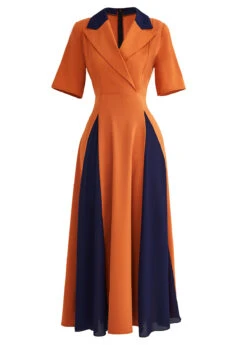 Brick Red Patchwork Half Sleeve Lapel Maxi Dress -Modlily Shop 334376 P 16947447356114