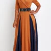 Brick Red Patchwork Half Sleeve Lapel Maxi Dress