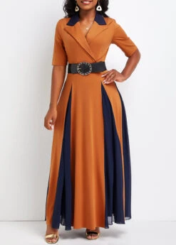 Brick Red Patchwork Half Sleeve Lapel Maxi Dress
