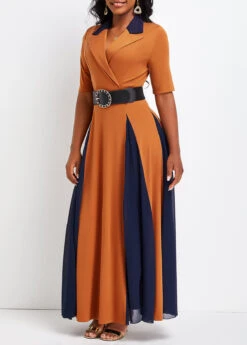 Brick Red Patchwork Half Sleeve Lapel Maxi Dress -Modlily Shop 334376 P 16947447359772