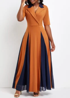 Brick Red Patchwork Half Sleeve Lapel Maxi Dress -Modlily Shop 334376 P 16947447359833