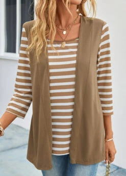 Dark Camel Fake 2in1 Striped T Shirt -Modlily Shop 334546 P 16885434654374