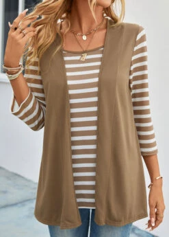 Dark Camel Fake 2in1 Striped T Shirt -Modlily Shop 334546 P 16885434659182