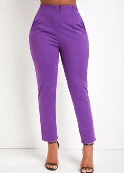 Purple Pocket Skinny Zipper Fly High Waisted Pants