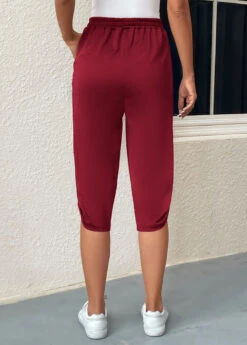 Wine Red Pocket Jogger Elastic Waist Pants -Modlily Shop 334705 P 16848397531191