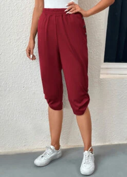 Wine Red Pocket Jogger Elastic Waist Pants -Modlily Shop 334705 P 16848397534652