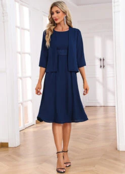 Navy Two Piece Dress And Cardigan