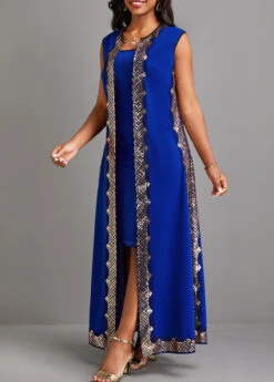 Blue Sequin Two Piece Suit Sleeveless Maxi Dress -Modlily Shop 334730 P 16855884068162