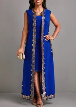 Blue Sequin Two Piece Suit Sleeveless Maxi Dress -Modlily Shop 334730 P 16855884077923